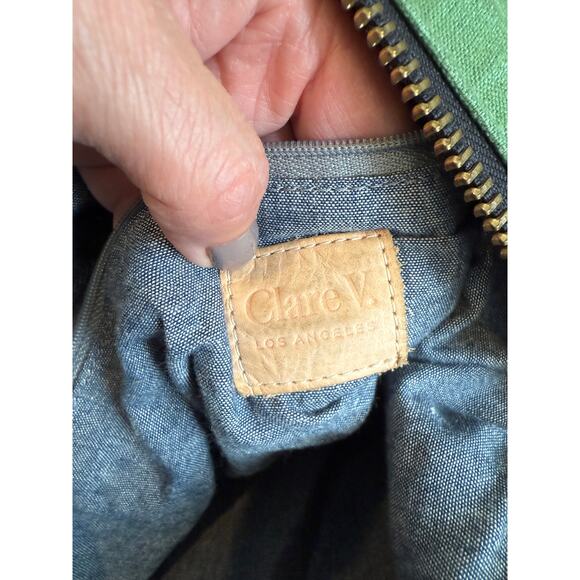 Clare V Le Zip Sac Slouchy Tote Bag Leather & Cotton Green - Picture 6 of 9